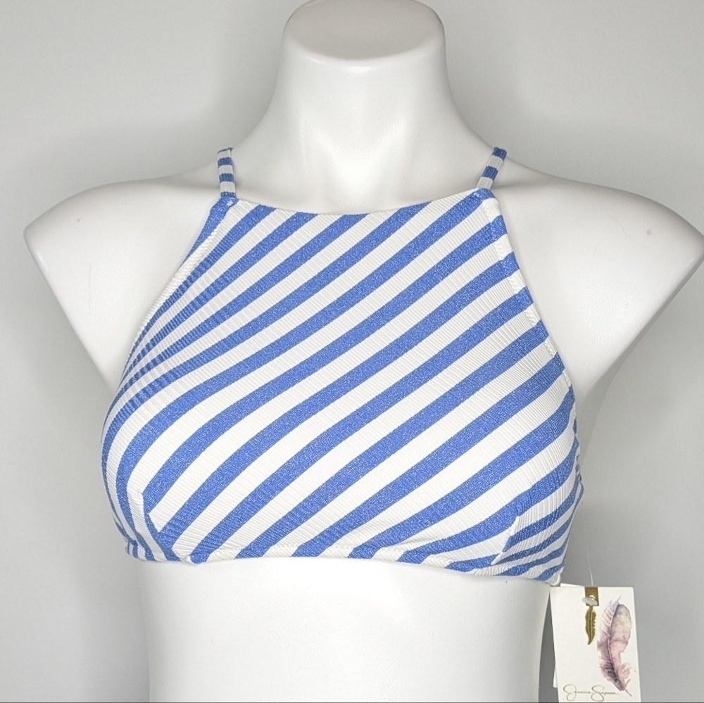 NWT Jessica Simpson blue white Air Stripe shimmer strappy tie back bikini top S